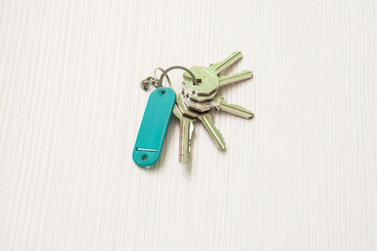 A hardware security key on a keyring beside a boarding pass and foreign coins