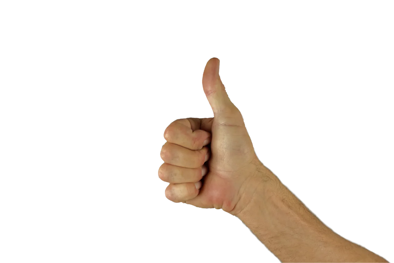 A raised hand making a thumbs-up gesture against a plain dark background