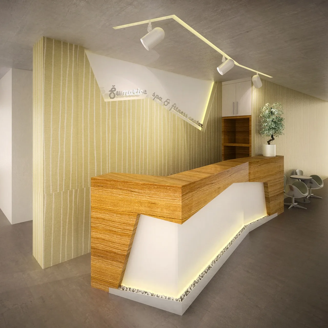 An unattended hotel reception desk lit by a single lamp, a suitcase standing in front of it