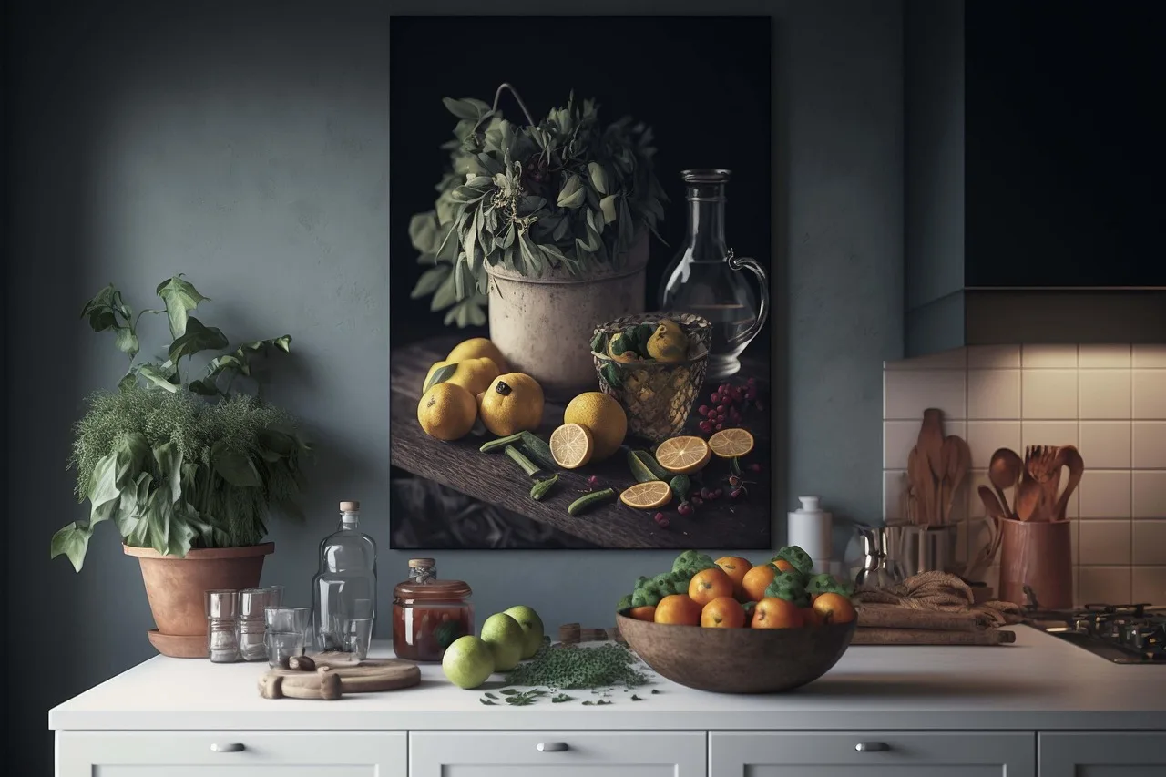 A kitchen counter in a rented apartment with olive oil, a shopping bag and two mugs