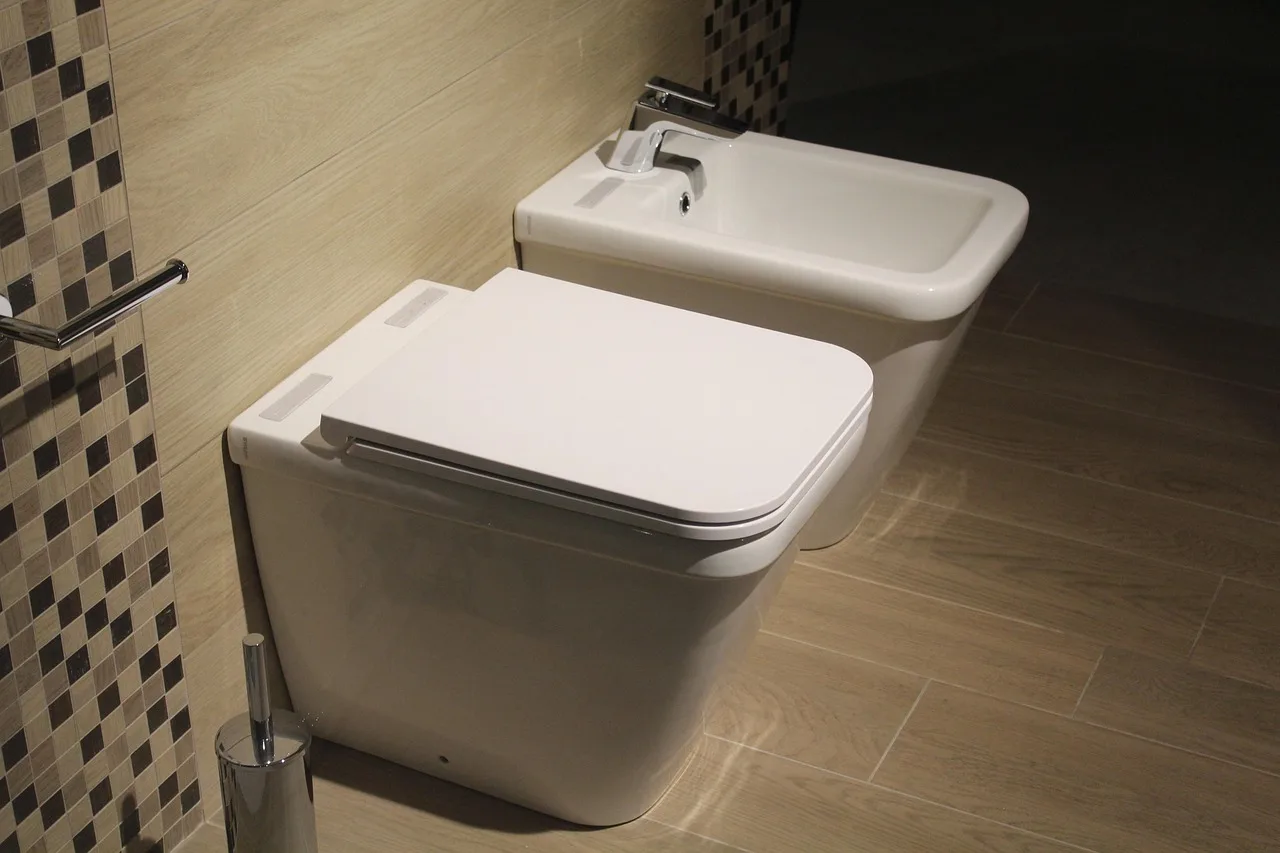 A white ceramic bidet with a mixer tap and drain plug installed beside a toilet
