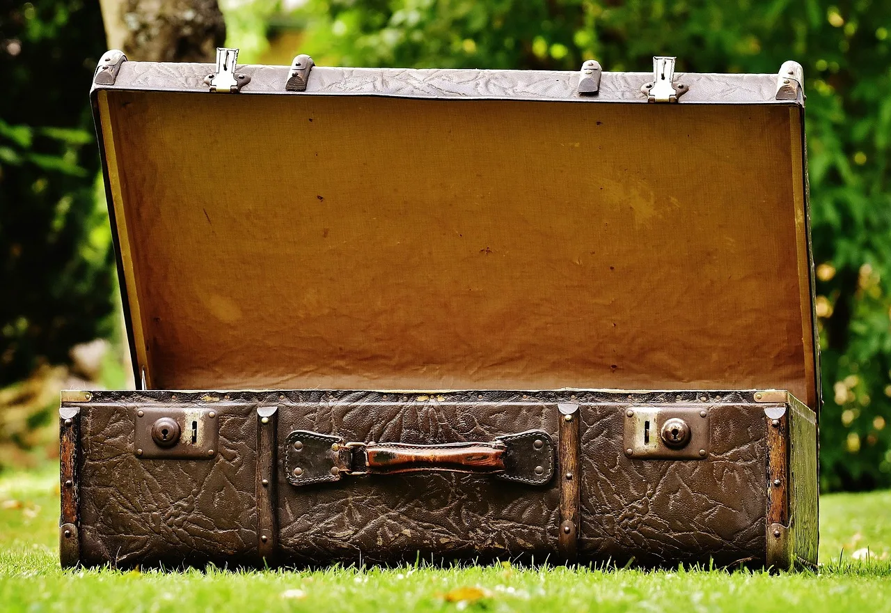 A suitcase standing on an empty railway platform at dusk beneath a departure board