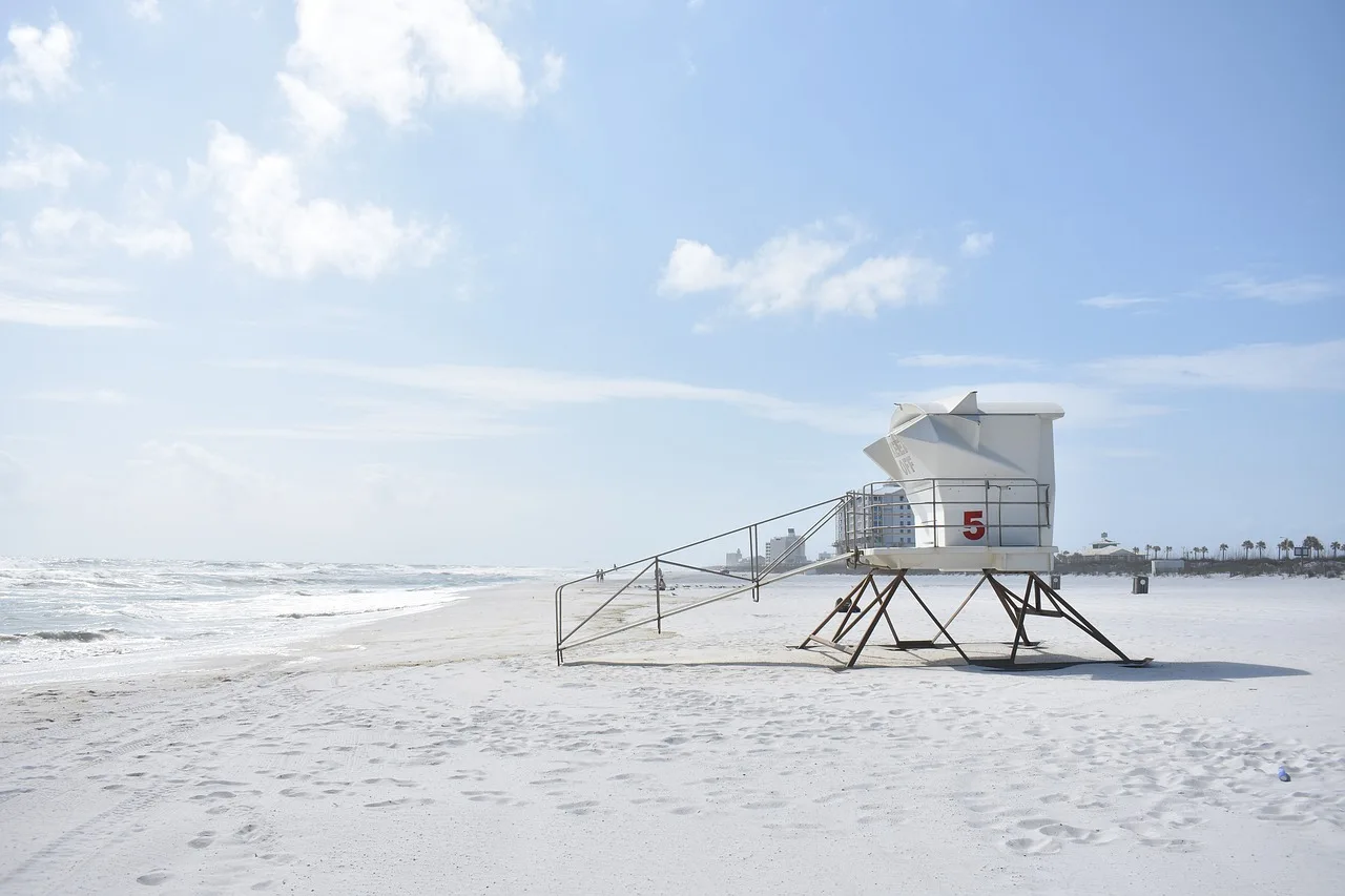 A numbered lifeguard post on Copacabana beach surrounded by rows of hired umbrellas and chairs