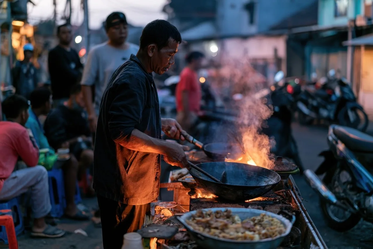 A Penang hawker cooking flat rice noodles over a high flame at a night stall