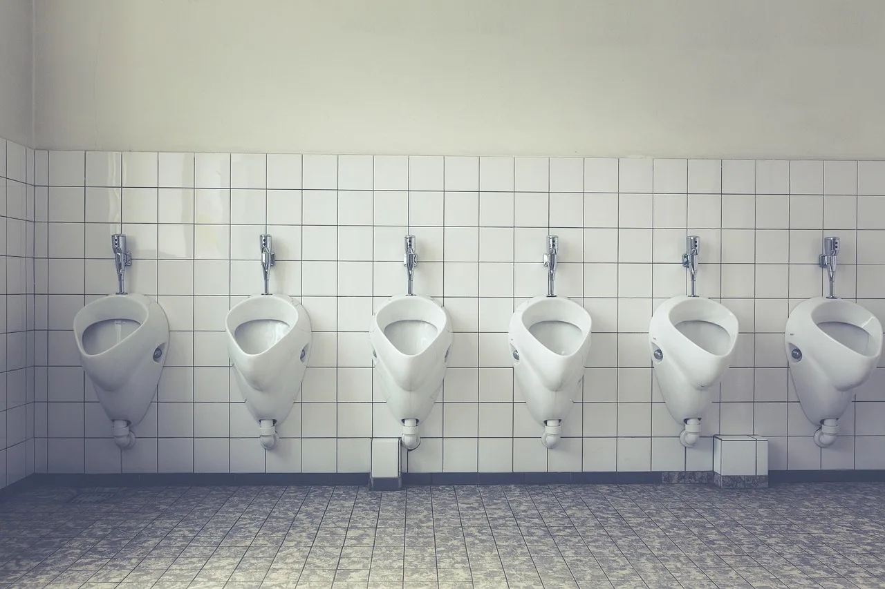 A row of American toilet stalls with partitions raised above the floor and gaps at the door edges
