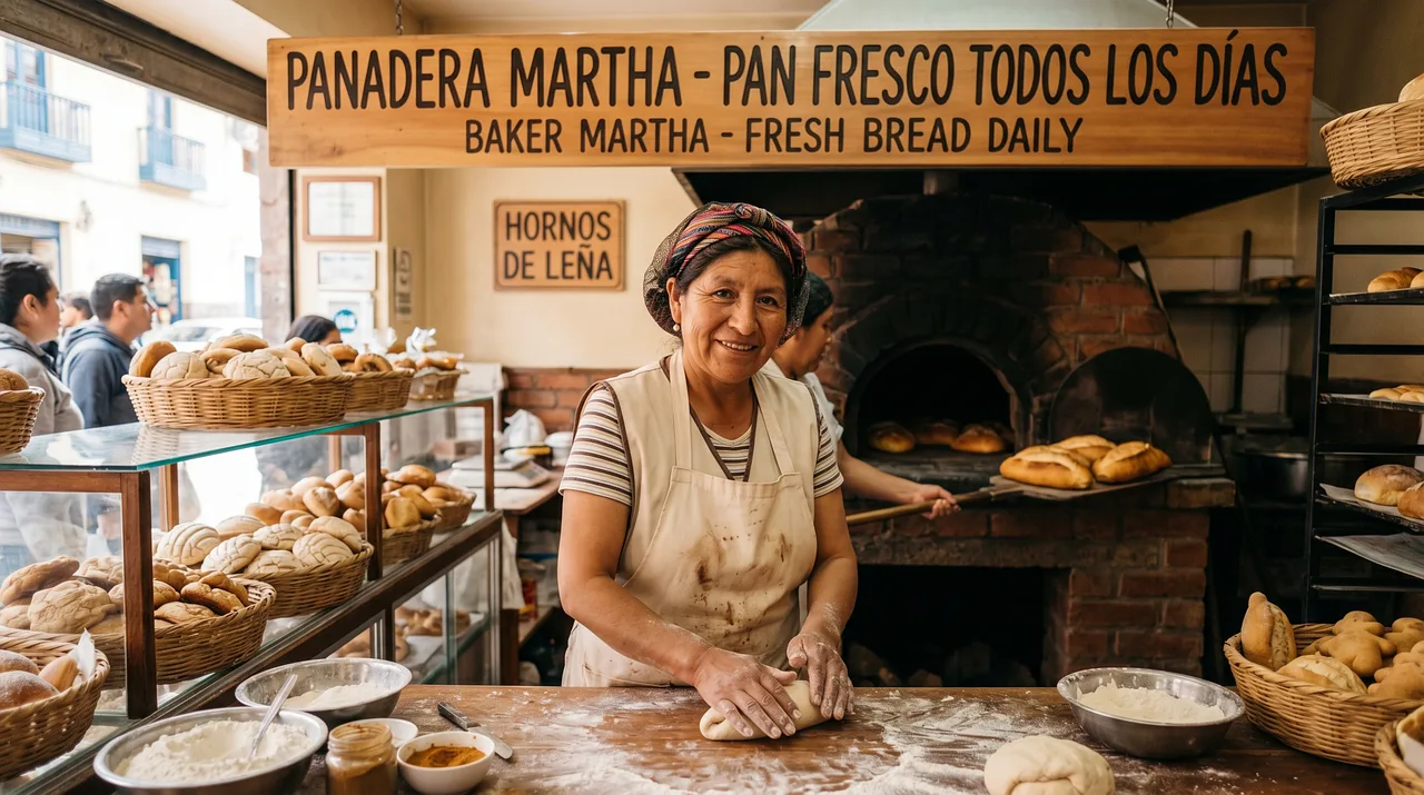 An early-morning neighbourhood bakery counter with glass cases of bread and a customer waiting