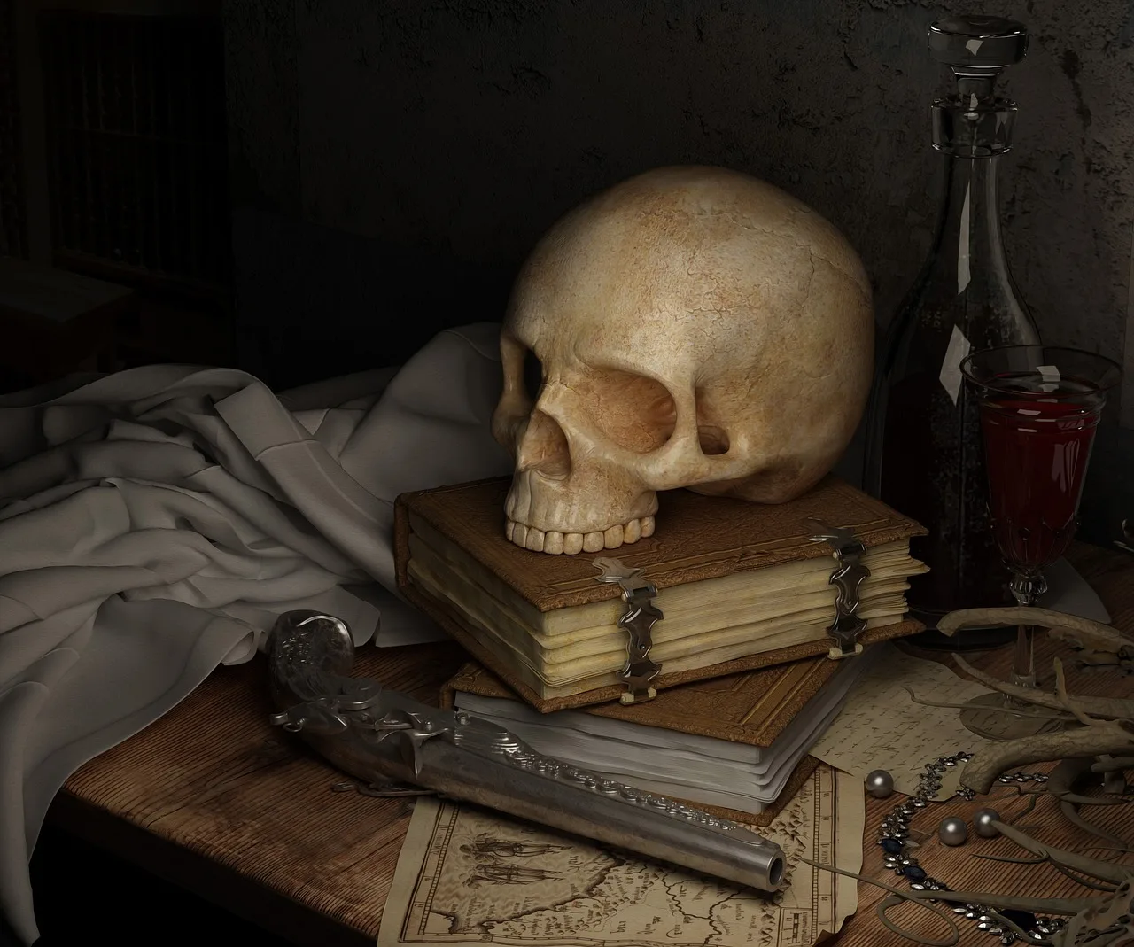 Painted skulls arranged on wooden shelves inside the charnel house at Hallstatt