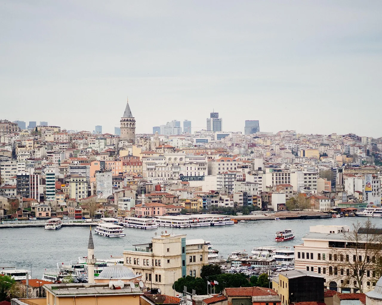 View from the deck of an Istanbul ferry looking back at the domes and minarets of the historic peninsula